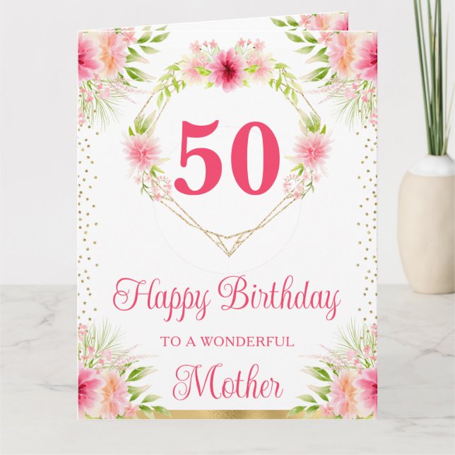 Tarjeta de cumpleaños de madre con flores rosadas  (Anverso)