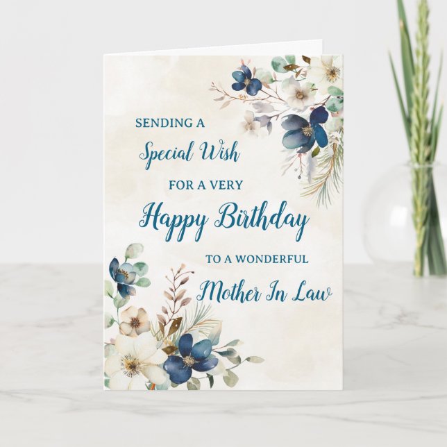 Tarjeta De Cumpleaños De Madre Floral Azul En Dere (Anverso)