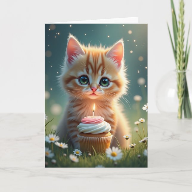 Tarjeta de cumpleaños de magdalena con gatito (Anverso)