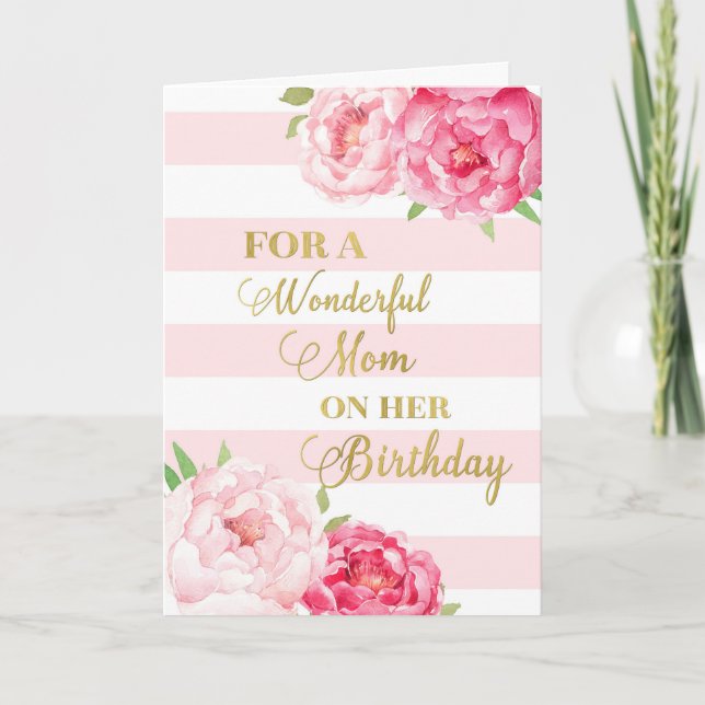 Tarjeta de cumpleaños de mamá con franjas y flores (Anverso)
