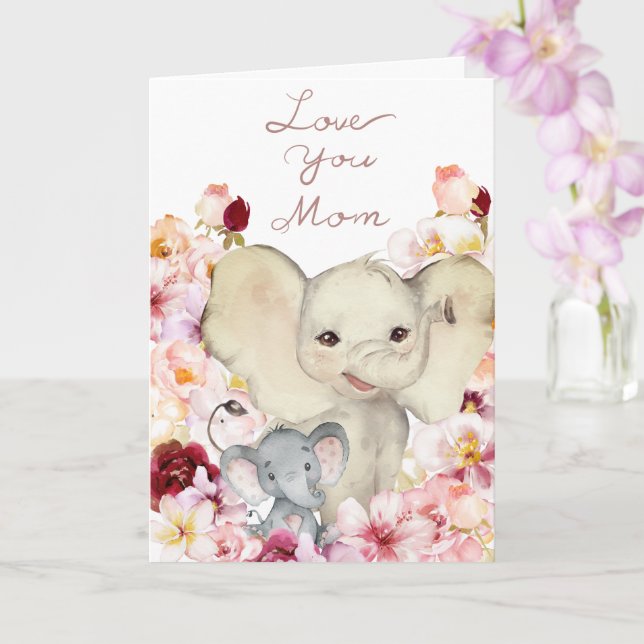 Tarjeta de cumpleaños de mamá y bebé elefante (Orquídea)
