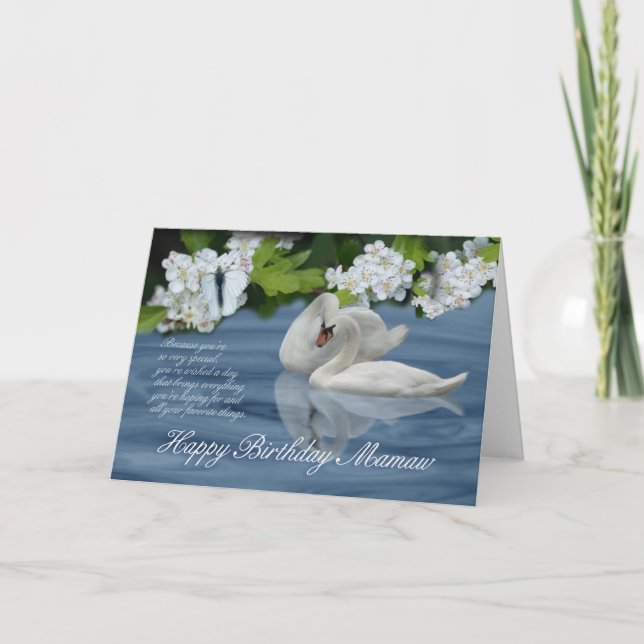 Tarjeta de cumpleaños de Mamaw - cisnes y mariposa (Anverso)