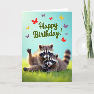 Tarjeta de cumpleaños de mapache saludando