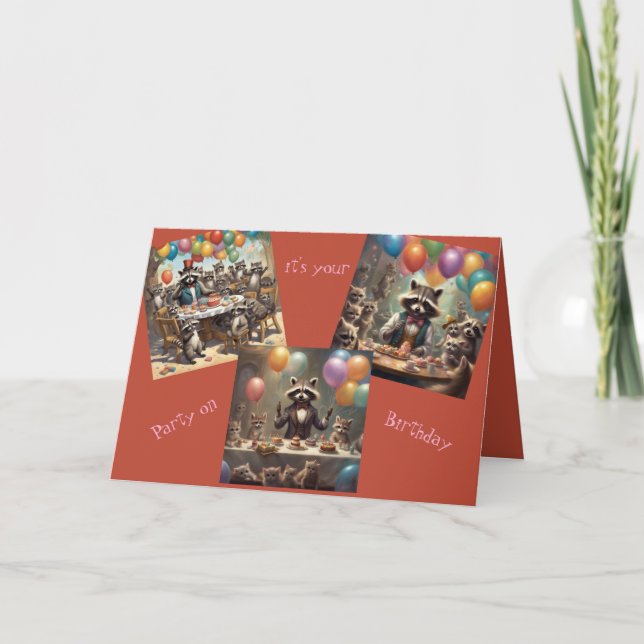 Tarjeta de cumpleaños de mapaches-Fiesta de cumple (Anverso)