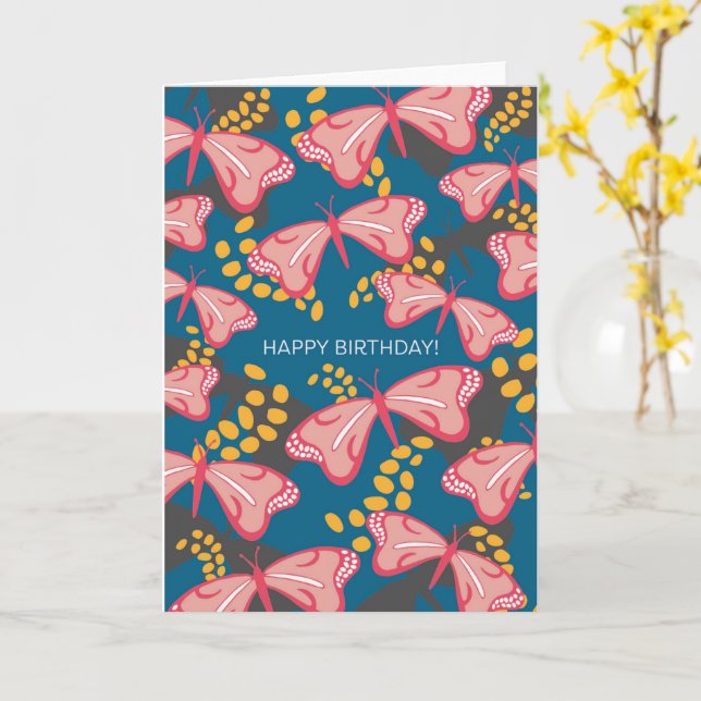 Tarjeta de cumpleaños de mariposa azul y rosa (flor amarilla)