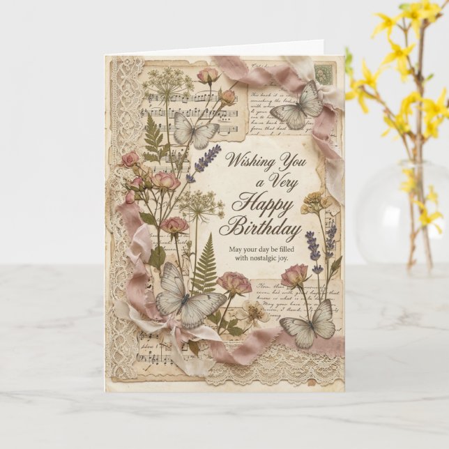 Tarjeta de cumpleaños de mariposa con flores prens (flor amarilla)