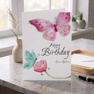 Tarjeta de cumpleaños de mariposa floral en acuare