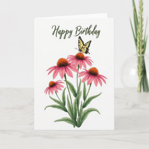 Tarjeta de cumpleaños de mariposa margarita rosa