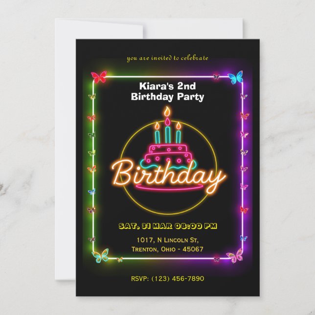 Tarjeta de cumpleaños de mariposa neón con torta c (Anverso)