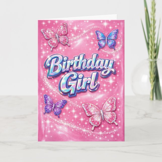 Tarjeta de cumpleaños de mariposa rosa brillo Y2K  (Anverso)