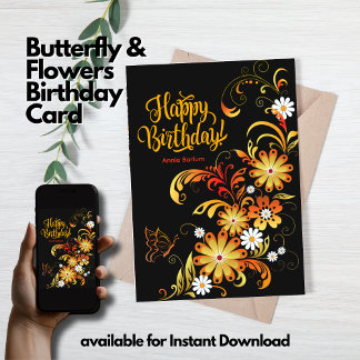 Tarjeta de cumpleaños de mariposa y flores
