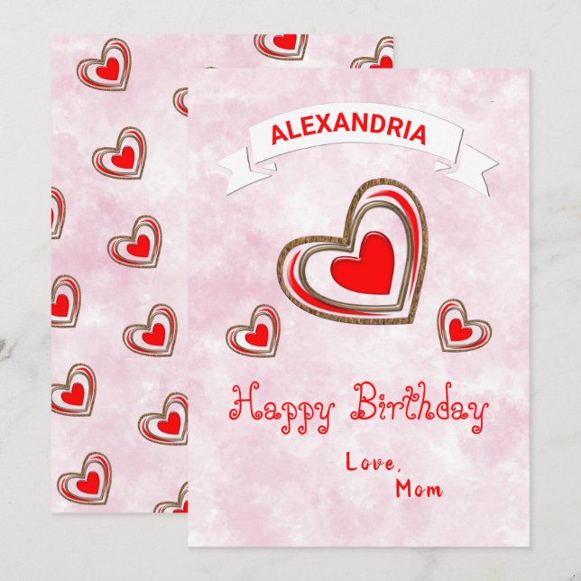Tarjeta de cumpleaños de moda "Red Hearts" (Anverso / Reverso)
