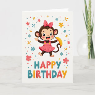 Tarjeta de cumpleaños de mono con vestido rosa