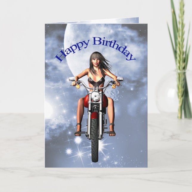 Tarjeta de cumpleaños de motociclista chica (Anverso)