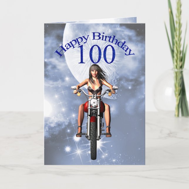 Tarjeta de cumpleaños de motociclista chica (Anverso)