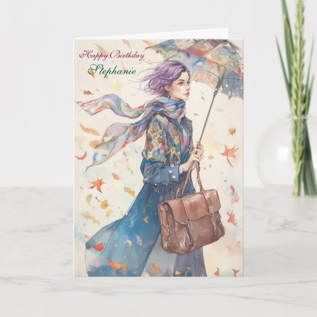 Tarjeta de cumpleaños de mujer elegante con paragu (Anverso)