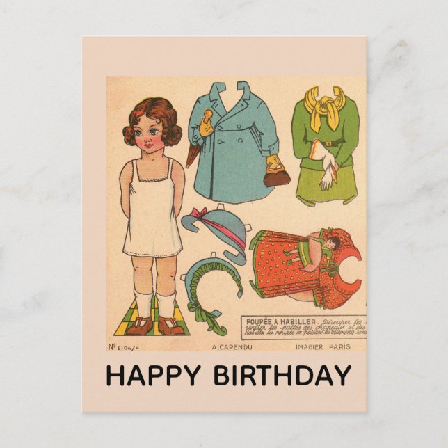 TARJETA DE CUMPLEAÑOS DE MUÑECA DE PAPEL ANTIGUA (Anverso)