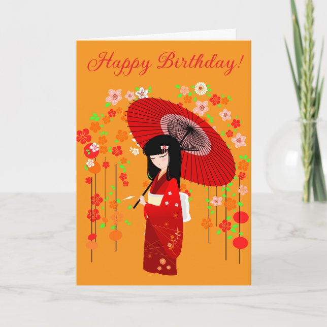 Tarjeta de cumpleaños de muñeca Kokeshi con paragu (Anverso)