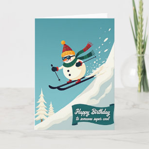 Tarjeta de cumpleaños de muñeco de nieve esquiando