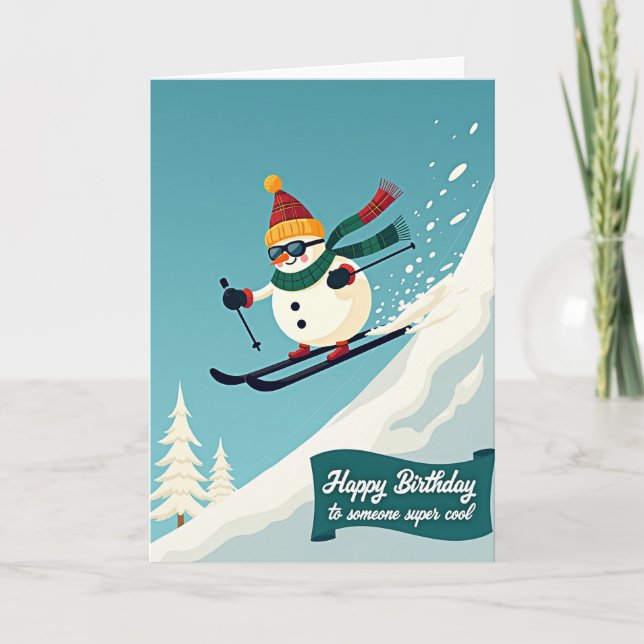 Tarjeta de cumpleaños de muñeco de nieve esquiando (Anverso)
