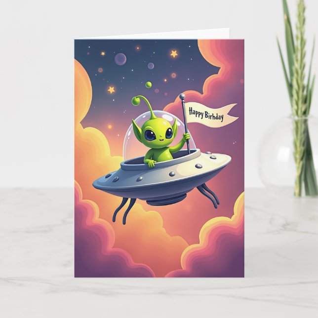Tarjeta de cumpleaños de nave espacial dulce (Anverso)