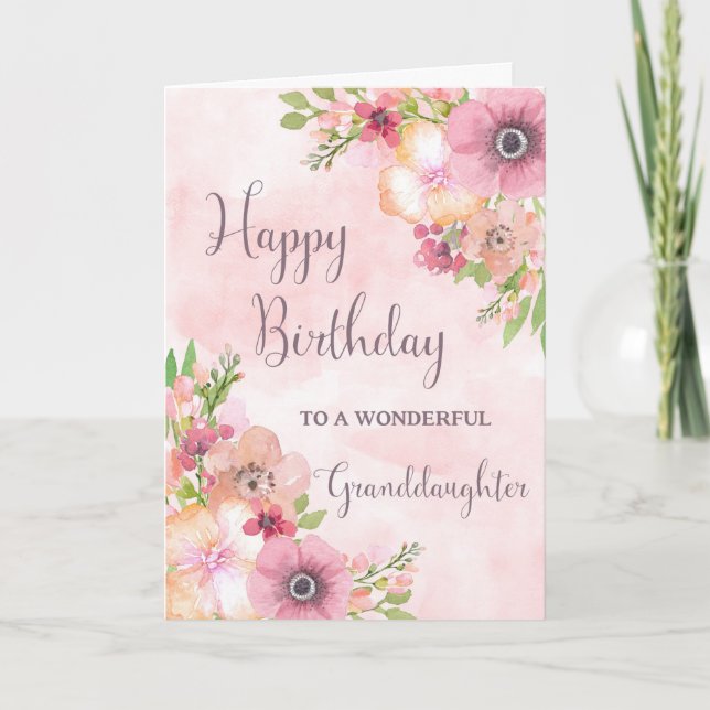 Tarjeta de cumpleaños de nieta con flores de prima (Anverso)