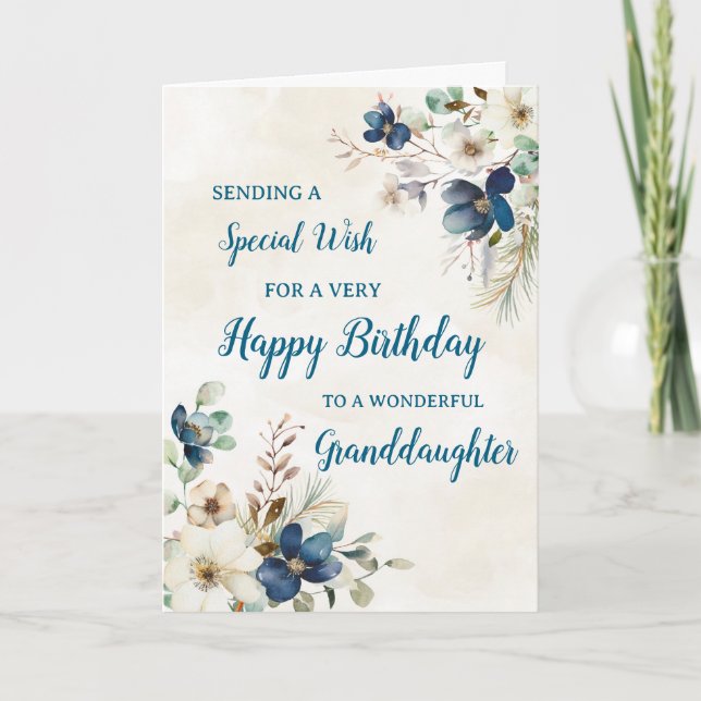 Tarjeta de cumpleaños de nieta floral azul (Anverso)