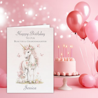 Tarjeta de cumpleaños de nieta unicornio acuarela