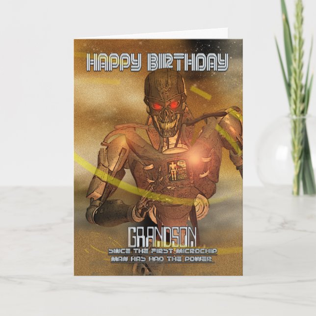 Tarjeta de cumpleaños de nieto con Cyborg - Robot  (Anverso)