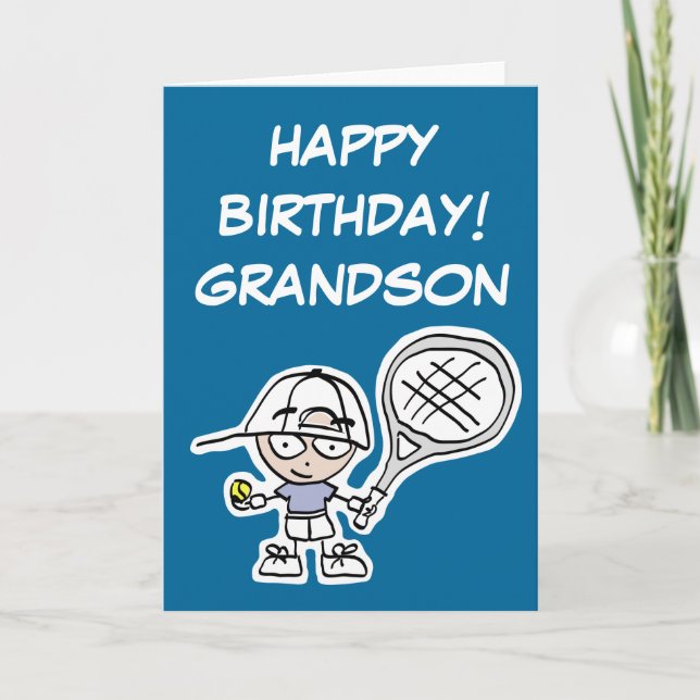 Tarjeta de cumpleaños de nieto con niño de tenis (Anverso)