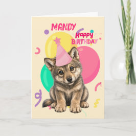Tarjeta de cumpleaños de niña, cachorro de lobo ad