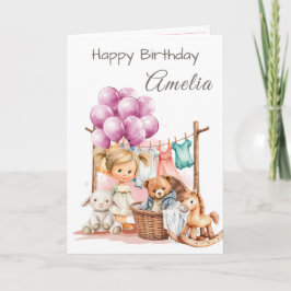 Tarjeta de cumpleaños de niña con acuarela