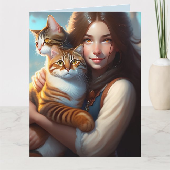TARJETA DE CUMPLEAÑOS DE NIÑA CON GATO GATOS ARTE (Anverso)