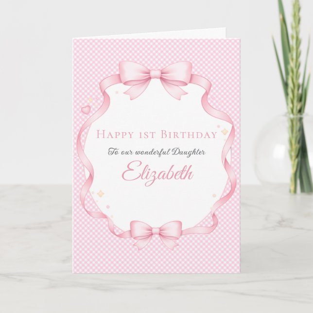 Tarjeta de cumpleaños de niña con lazo de gingham  (Anverso)