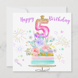Tarjeta de cumpleaños de niña de 5 años en rosa, p