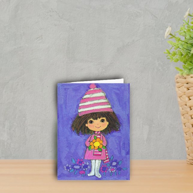 Tarjeta de cumpleaños de niña dulce con margarita (Cute little girl dressed in pink white boots with flowers on purple notecards.)