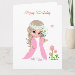 Tarjeta de cumpleaños de niña hada linda con flor