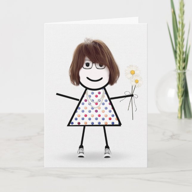 Tarjeta de cumpleaños de niña palito con margarita (Anverso)