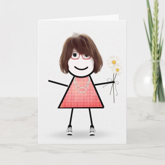 Tarjeta de cumpleaños de niña palito con margarita (Anverso)