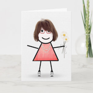 Tarjeta de cumpleaños de niña palito con margarita