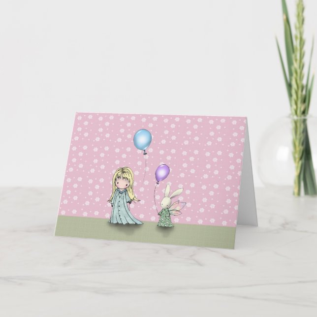 Tarjeta de cumpleaños de niña y conejo con globos (Anverso)