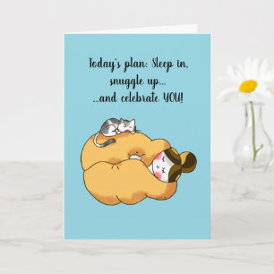 Tarjeta de cumpleaños de niña y gato acogedores