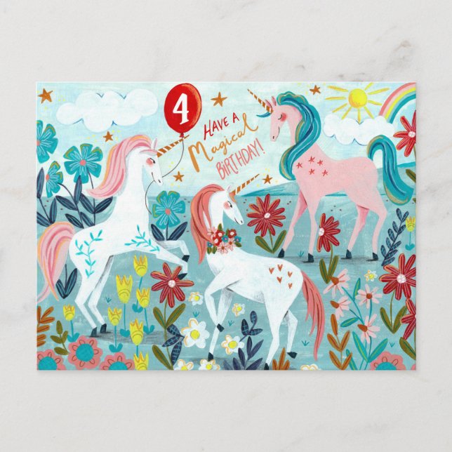 Tarjeta de cumpleaños de niñas lindas con unicorni (Anverso)