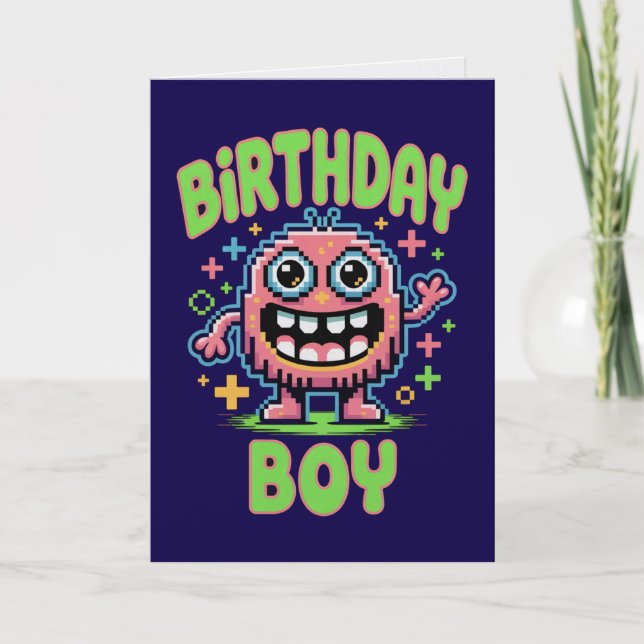 Tarjeta de cumpleaños de niño con monstruo adorabl (Anverso)