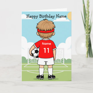 Tarjeta de cumpleaños de niño de fútbol con camise