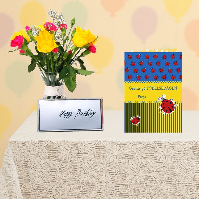 Tarjeta de cumpleaños de nombre amarillo azul de l (Grattis på födelsedagen)