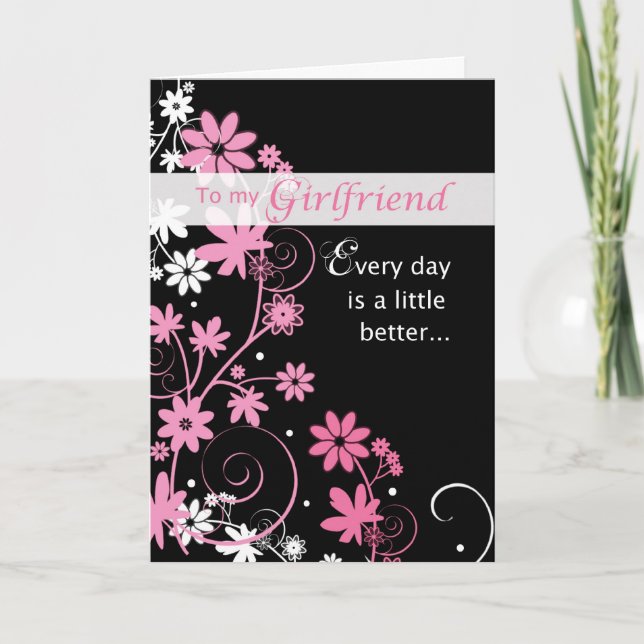Tarjeta de cumpleaños de Novia, Rosa, Negro, Swirl (Anverso)