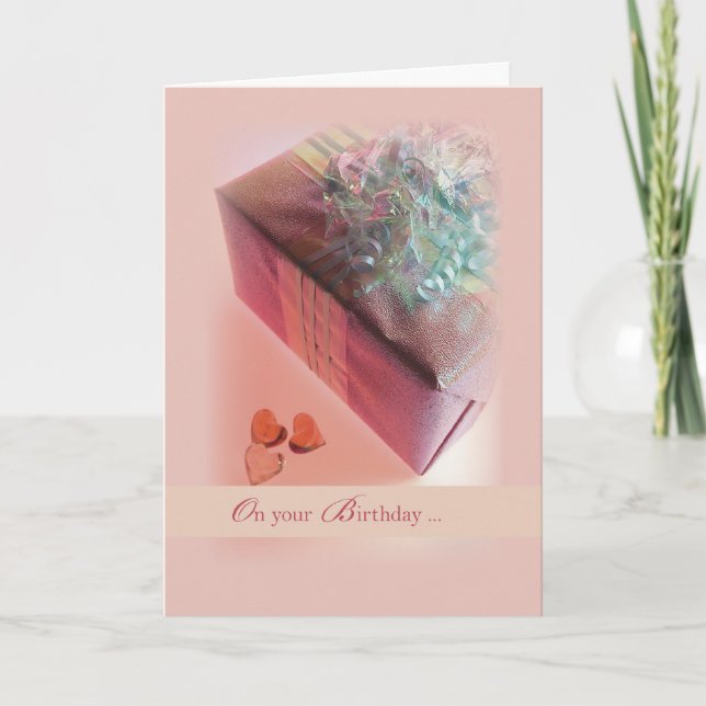 Tarjeta de cumpleaños de novia, rosa, presente con (Anverso)