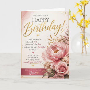 Tarjeta de cumpleaños de oro y peonía sonrojada