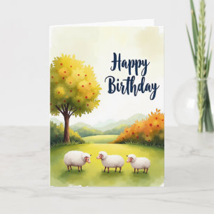 Tarjeta de cumpleaños de ovejas con acuarela suave